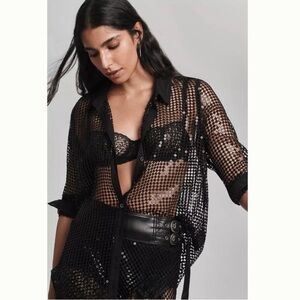 NWT Anthropologie  Pilcro Long-Sleeve Chainmail Black
Buttondown Blouse Size SP